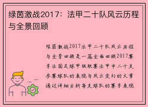 绿茵激战2017：法甲二十队风云历程与全景回顾