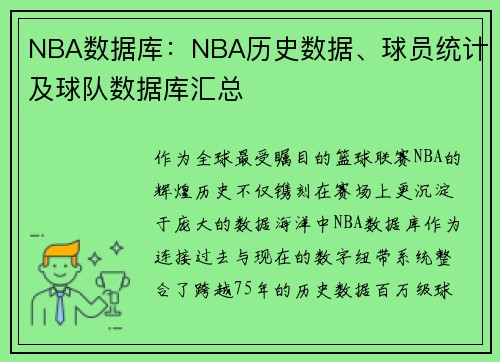 NBA数据库：NBA历史数据、球员统计及球队数据库汇总