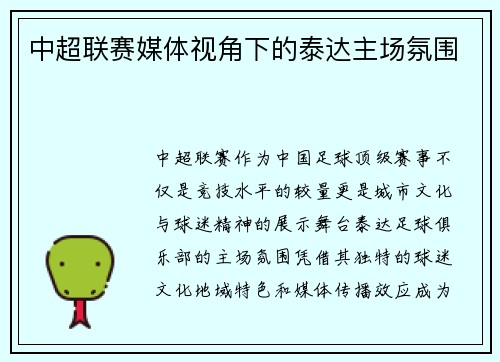 中超联赛媒体视角下的泰达主场氛围